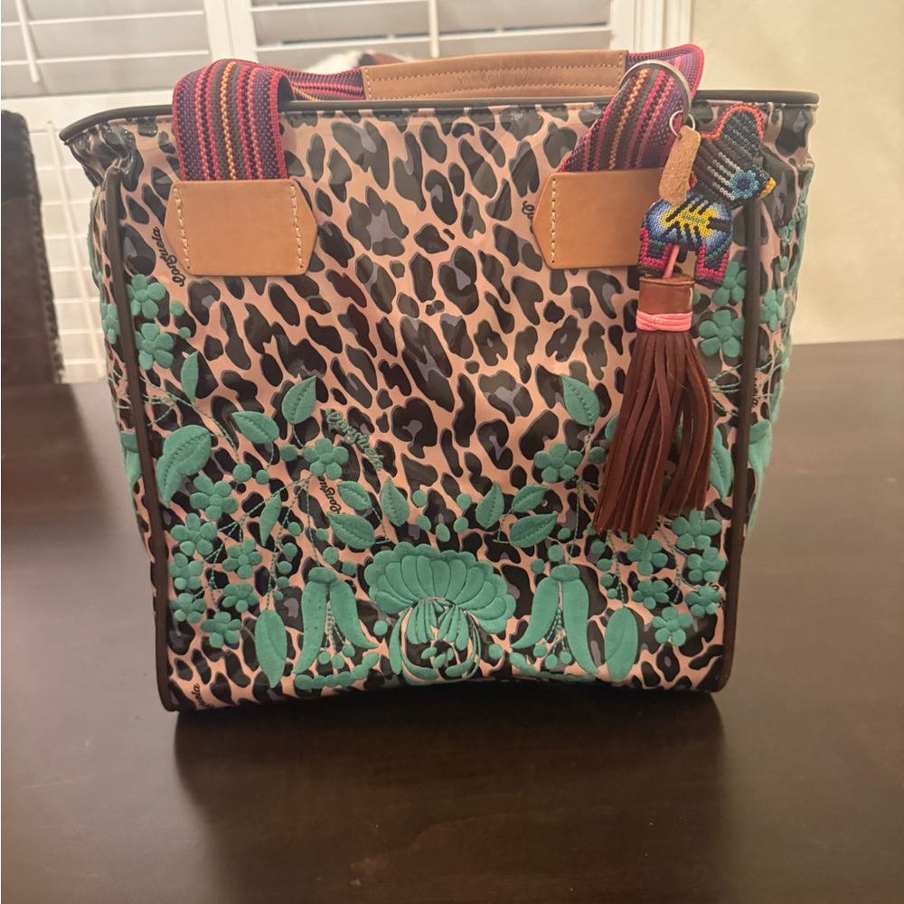 Consuela Classic Tote Leopard Print with Teal Embroidery; retired style